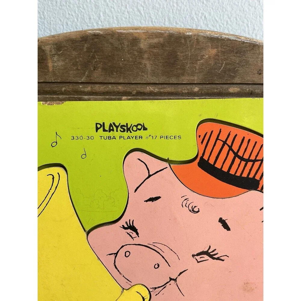3 Vintage 1950-80sPLAYSKOOL  & SIFO Wood Puzzles | Pig & Tuba | Clock | Wildlife